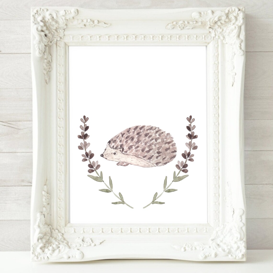 Watercolor Hedgehog With Purple Flower Wreath Woodland Nursery Poster - Image 2