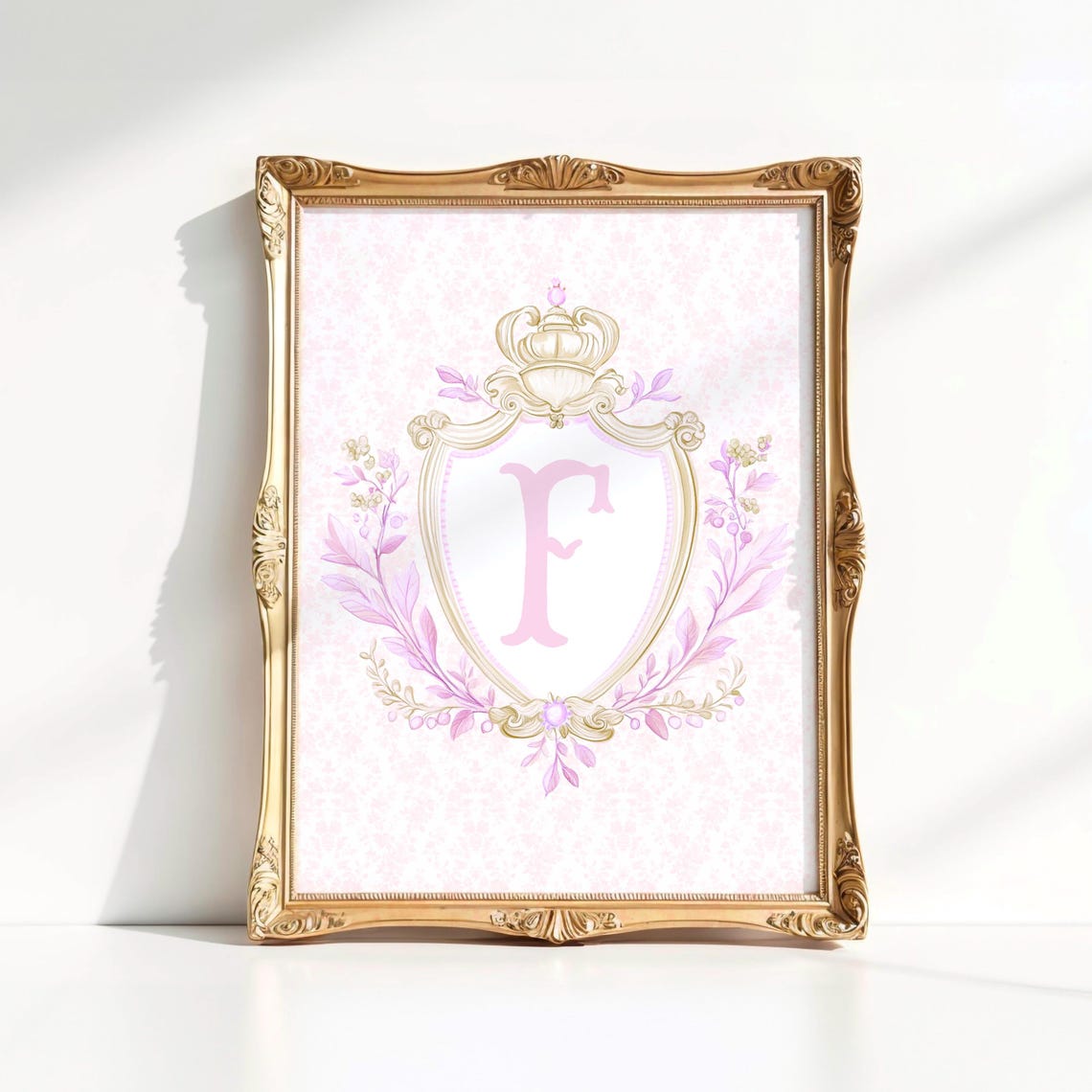 Initial F Pink Crest Coquette Floral Monogram Nursery Poster