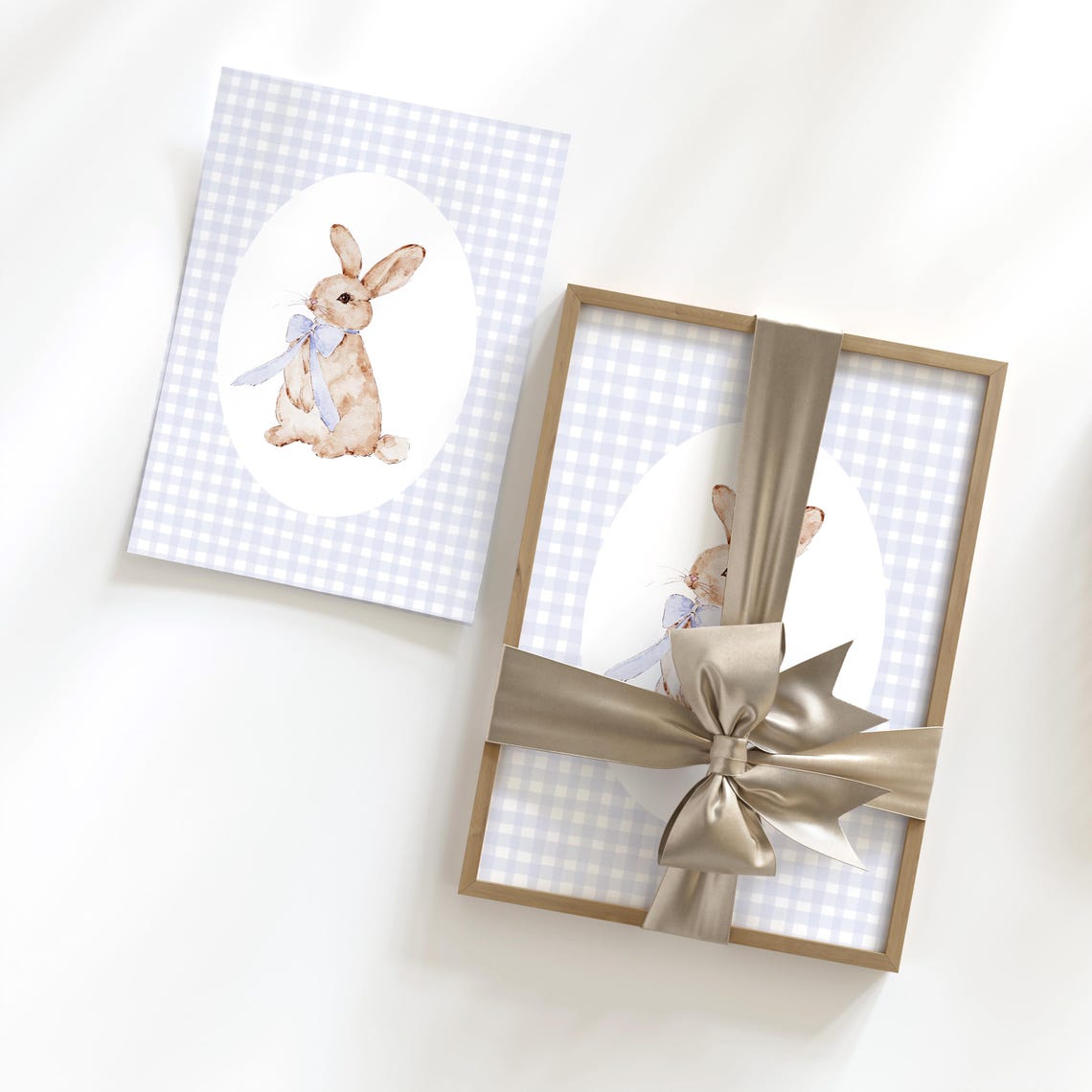 Cute Blue Gingham Bunny With Ribbon Watercolor Nursery Art Print - Image 3