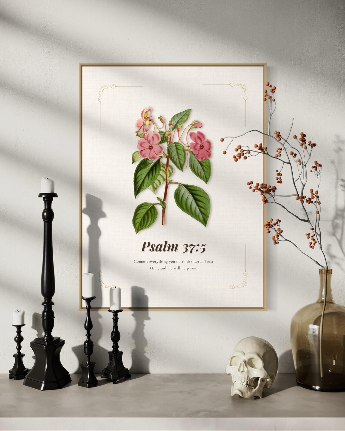 Psalm 37:5 Pink Vintage Botanical Scripture Verse Faith Poster - Image 2