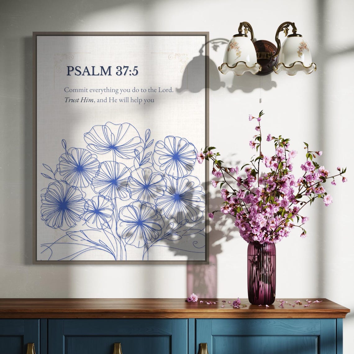 Psalm 37:5 Blue Floral Line Art Bible Scripture Verse Poster - Image 6