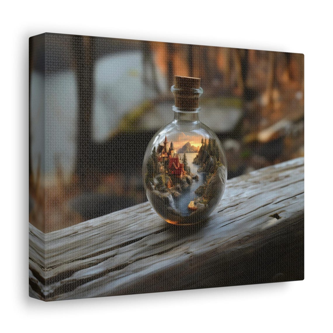 Miniature Coastal Village Inside A Glass Bottle On Driftwood Poster