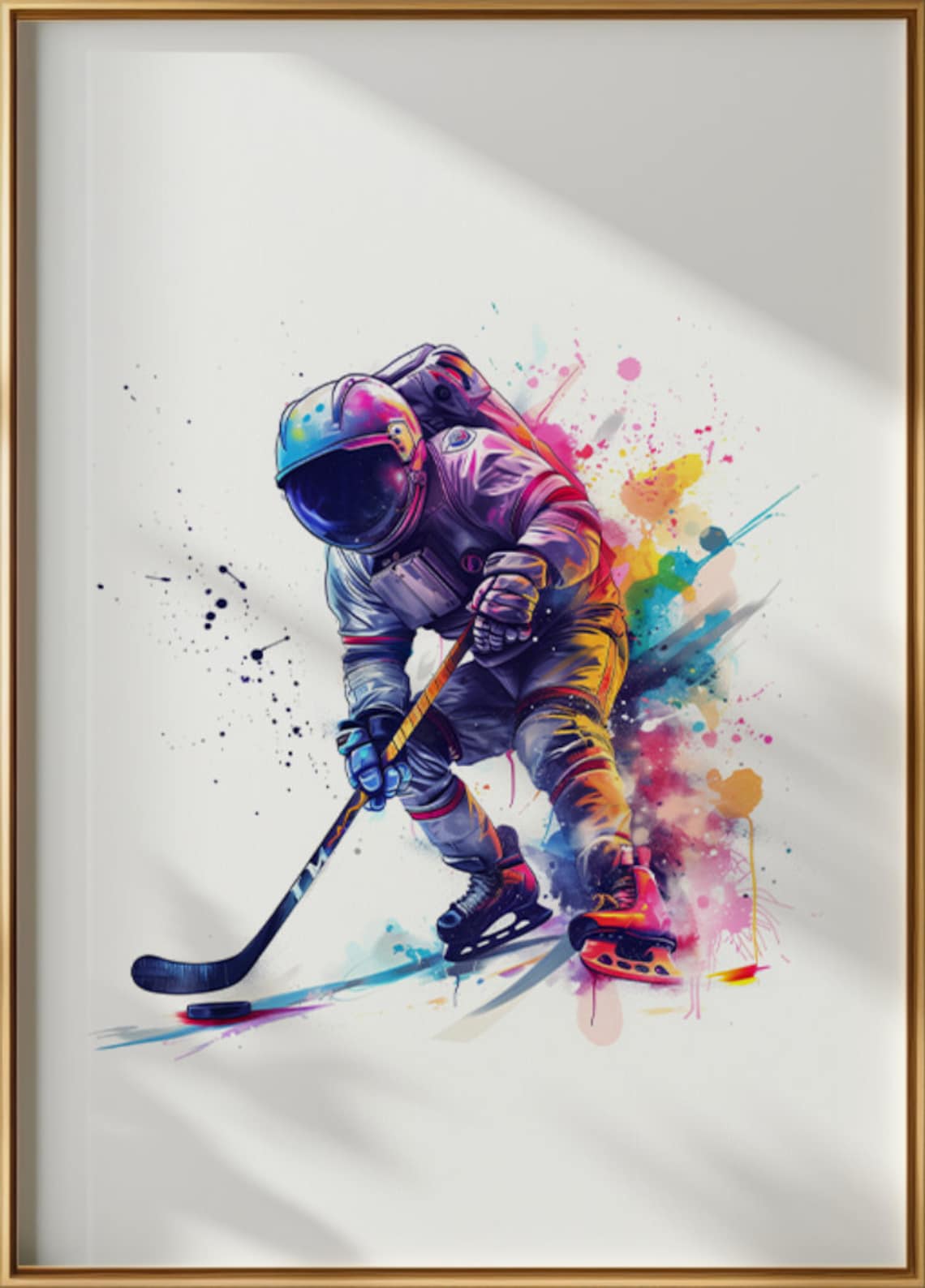 Astronaut Ice Hockey Player Colorful Space Watercolor Poster - Image 2