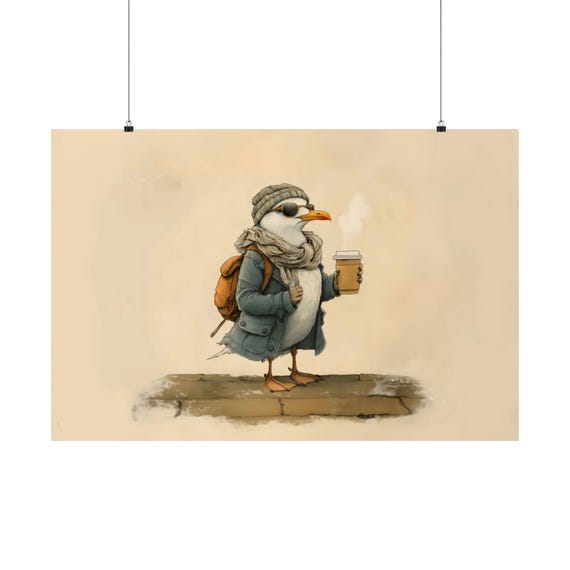 Hipster Seagull Coffee Maximalist Eclectic Victorian Poster Print Bold Altered Party Animal Portrait Fantasy Colorful Renaissance Rustic