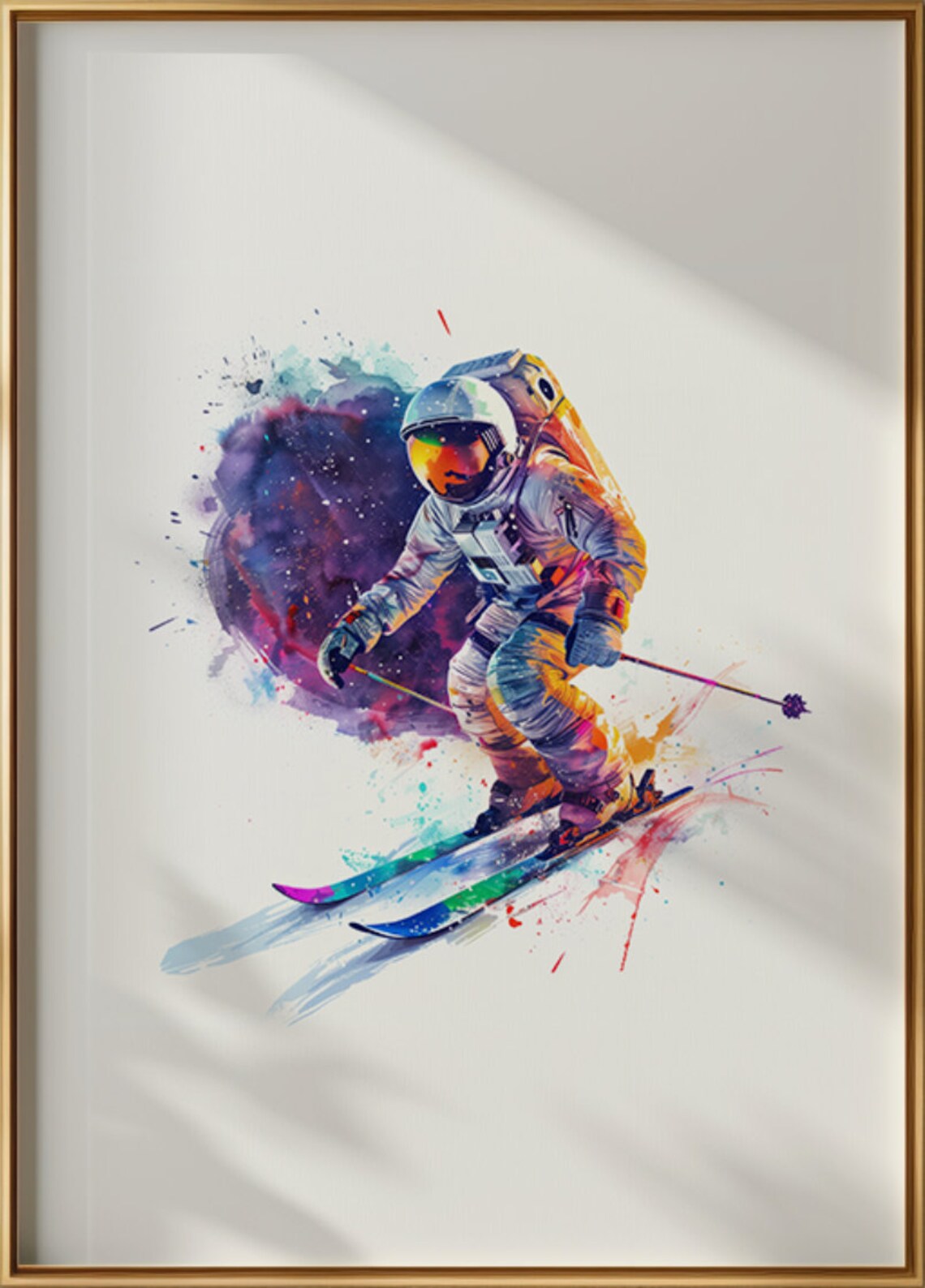 Astronaut Skiing In Colorful Watercolor Paint Splash Style Print - Image 3