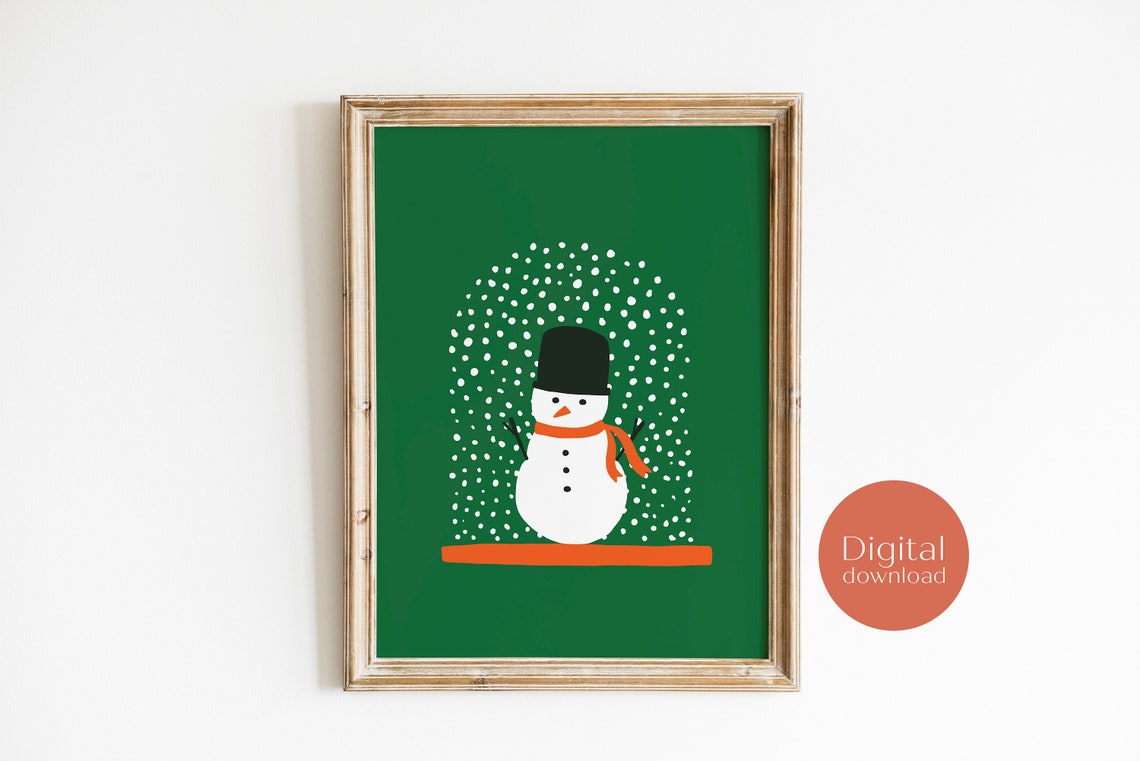 Cute Snowman Falling Snow Christmas Winter Holiday Green Decor Poster - Image 2
