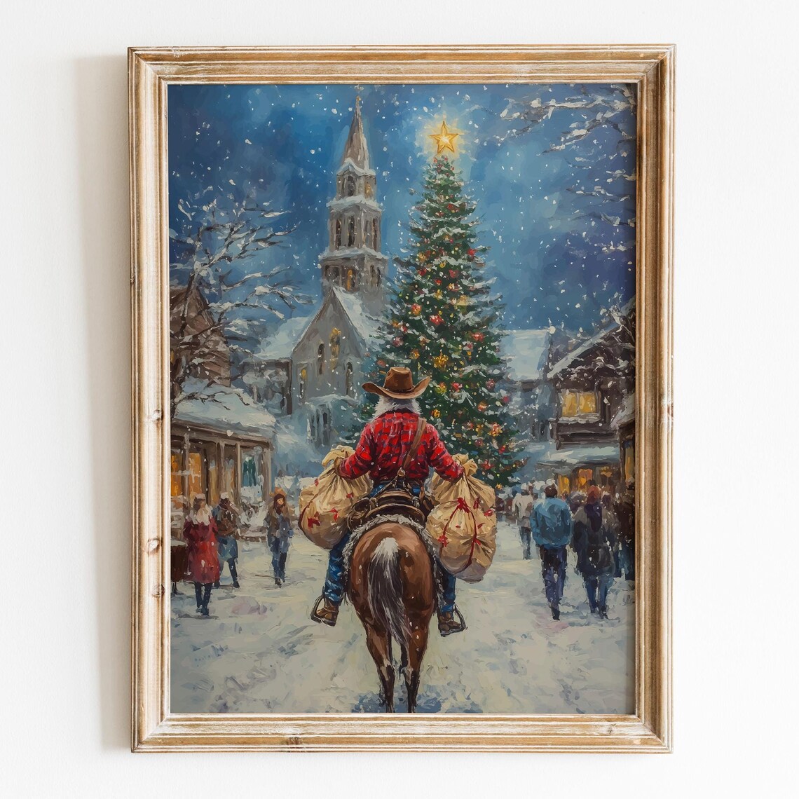 Cowboy Santa Claus Riding Horse in Snowy Christmas Town Art Print - Image 5