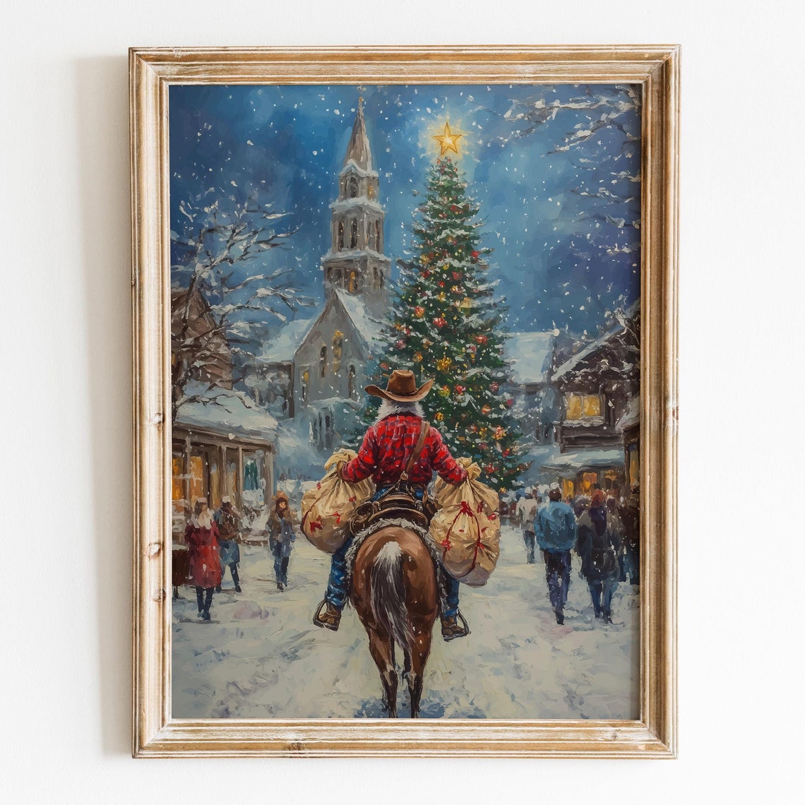Starry Night Winter Holiday Landscape Art Santa Claus Riding A Horse Downtown Print Cowboy Santa Vintage Oil Painting Christmas Wall Art - Image 5