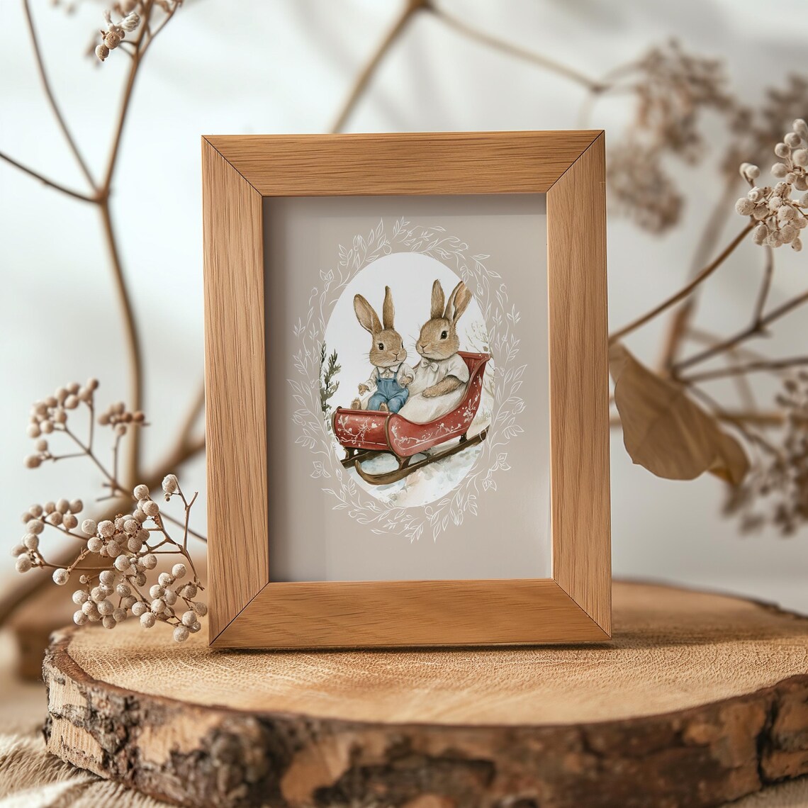 Two Cute Bunnies Riding a Red Sleigh in Snowy Winter Scene Poster - Image 6
