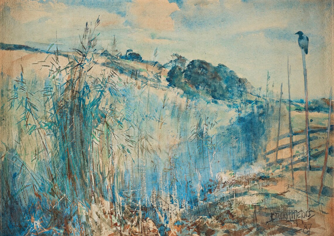Blue Marsh Reeds Crow On Pole Watercolor Wildlife Painting Poster - Image 7