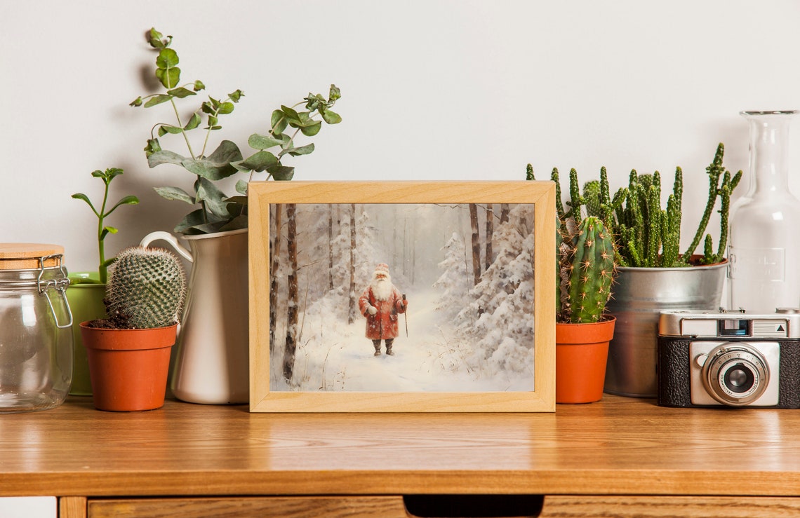Traditional Santa Claus Walking Through Snowy Pine Forest Poster - Image 2