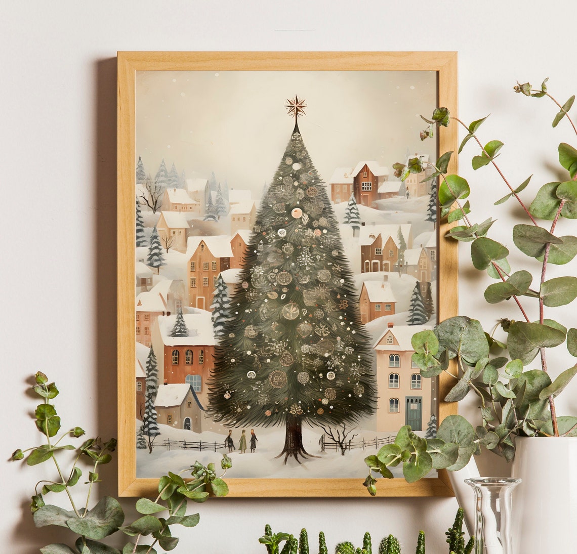 Big Decorated Christmas Tree with Gold Star in Snowy Village Poster