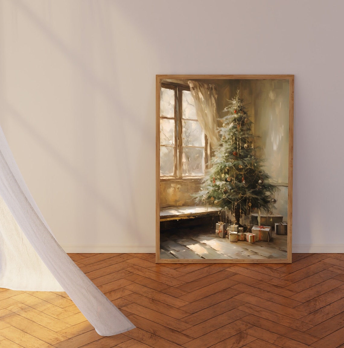 Sunlit Christmas Tree by Window with Sheer Curtain Oil Painting Poster - Image 6