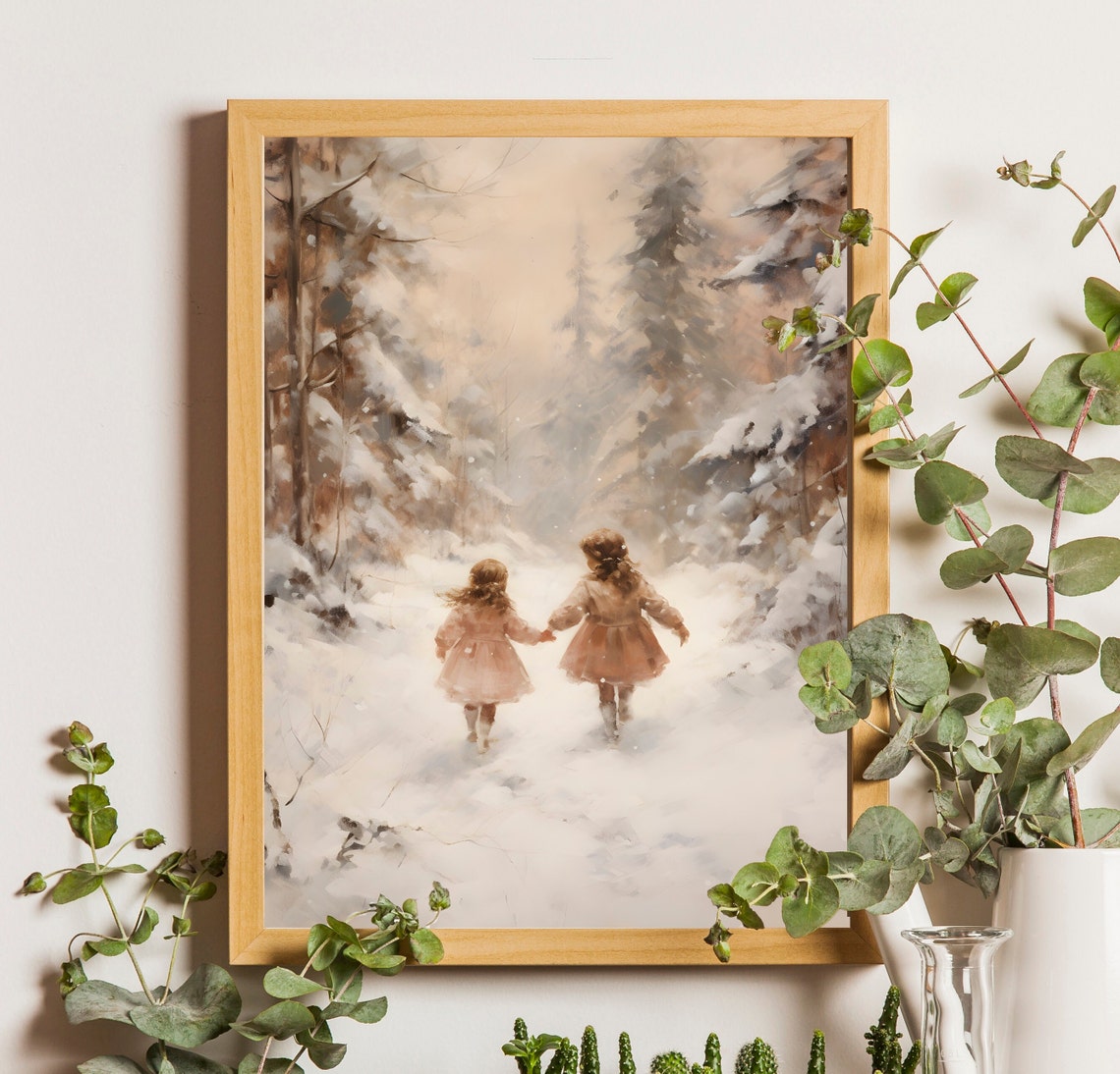 Little Girls On The Snow Winter Wall Art Winter Girls Room Wall Art Magical Winter Painting Snow Forest Art Print Christmas Kids Decor