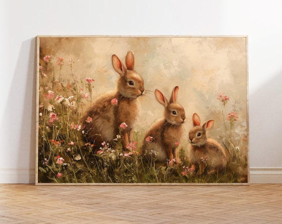 Cute Spring Bunny Rabbits Easter Wall Art Bunny Print Vintage Spring Print Farmhouse Decor Easter Bunny Art Print