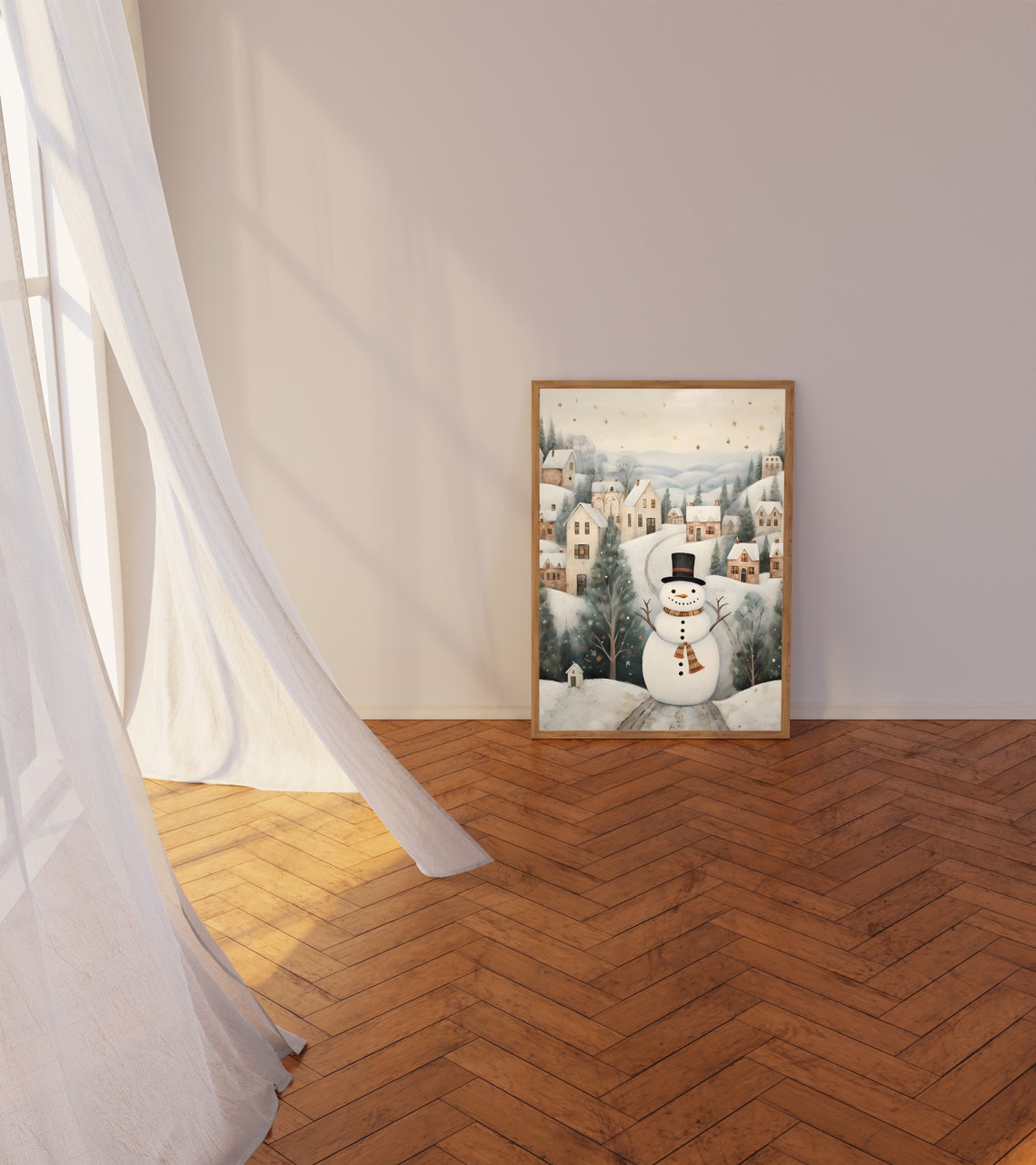 Snowman on Snowy Path before Starry Hillside Village Christmas Poster - Image 3