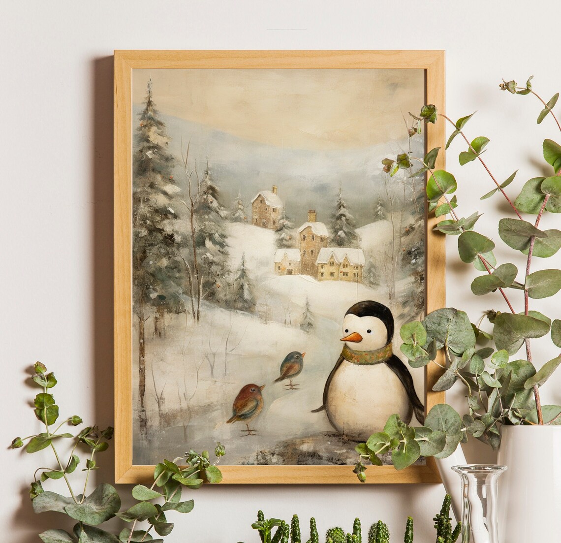 Penguin with Birds in Snowy Cottage Village Winter Art Poster