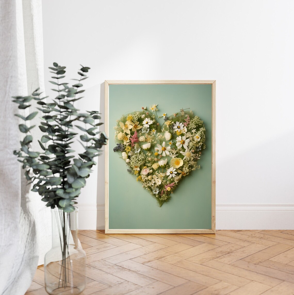 Wildflower Heart Bouquet on Sage Green Romantic Botanical Poster - Image 4
