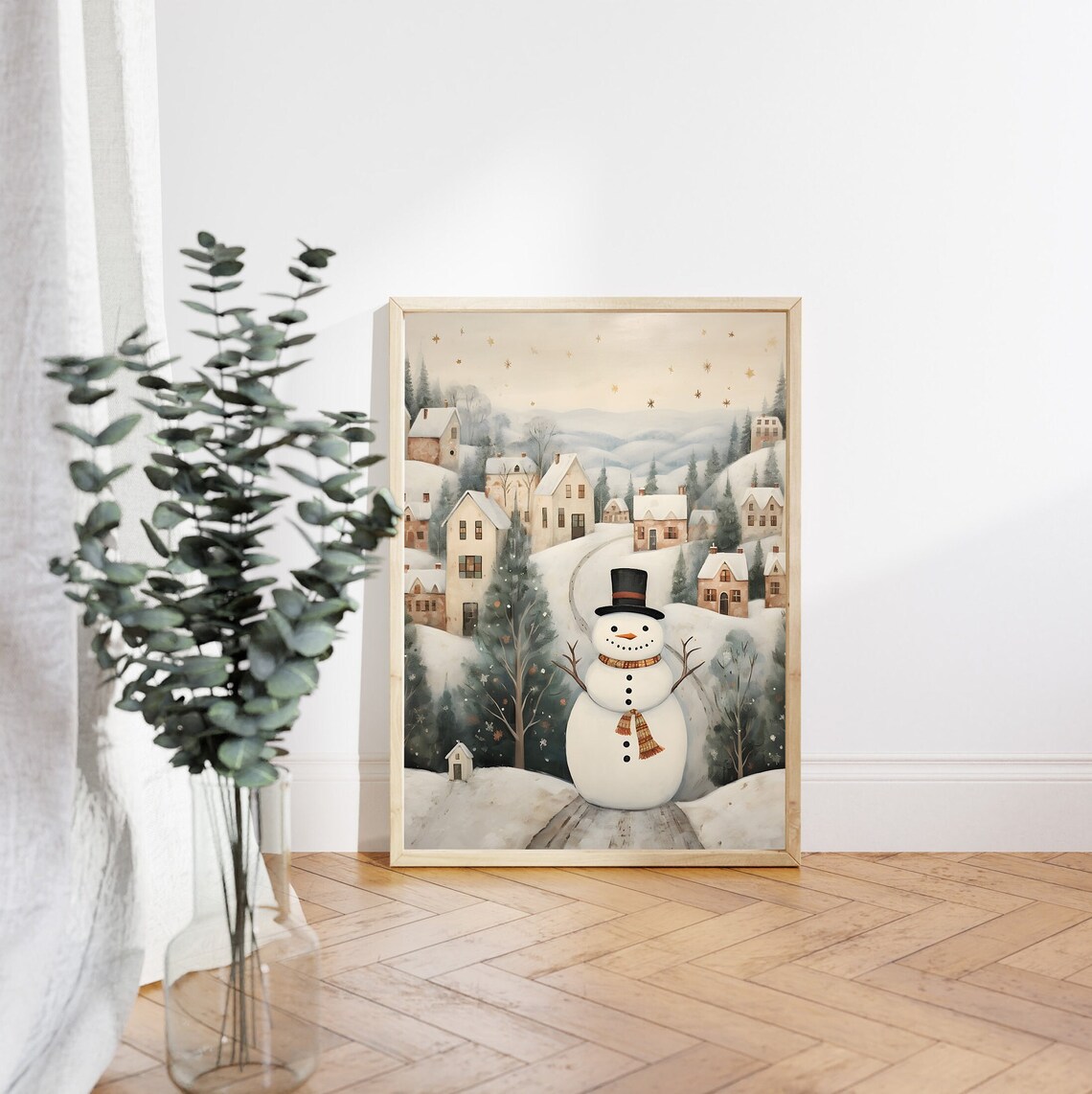 Snowman on Snowy Path before Starry Hillside Village Christmas Poster - Image 4