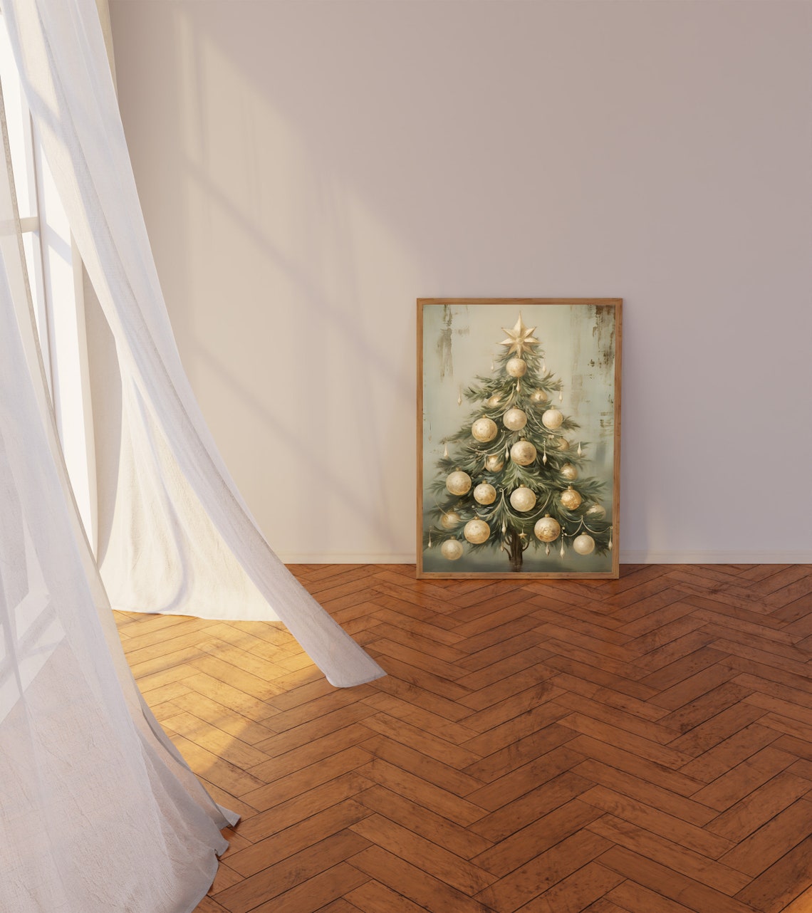 Vintage Christmas Tree with Cream Gold Ornaments Star Topper Poster - Image 3