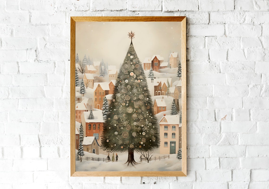Big Decorated Christmas Tree with Gold Star in Snowy Village Poster - Image 2