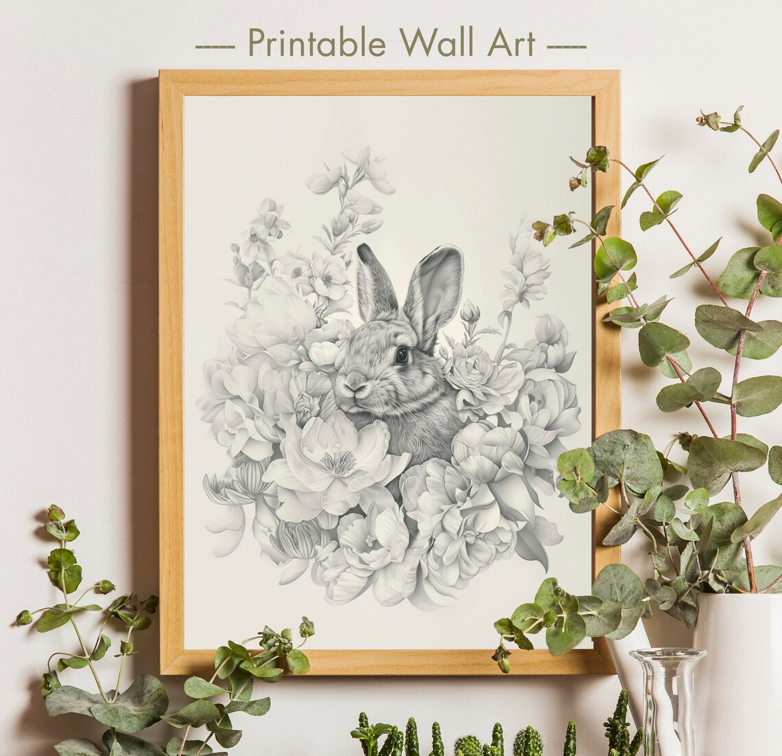 Bunny in a Circle of Gray Blooms Sketch Style Nursery Wall Art