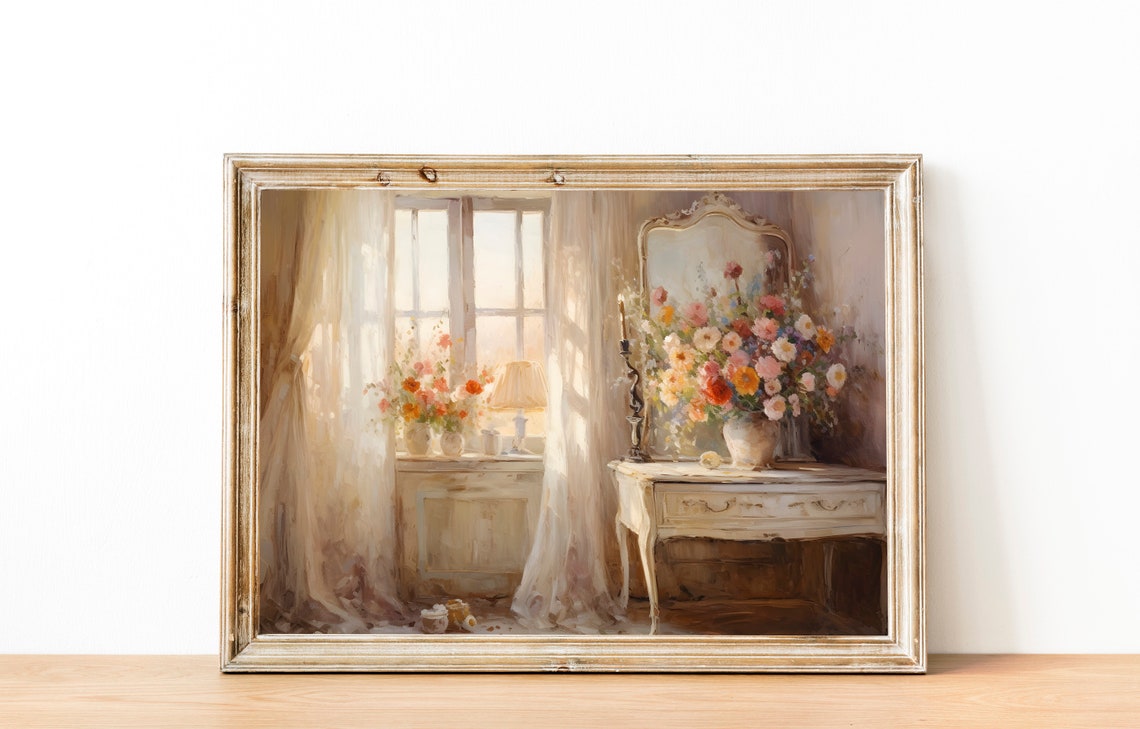 Sunlit French Vanity Room with Flower Bouquets Impressionist Poster - Image 2