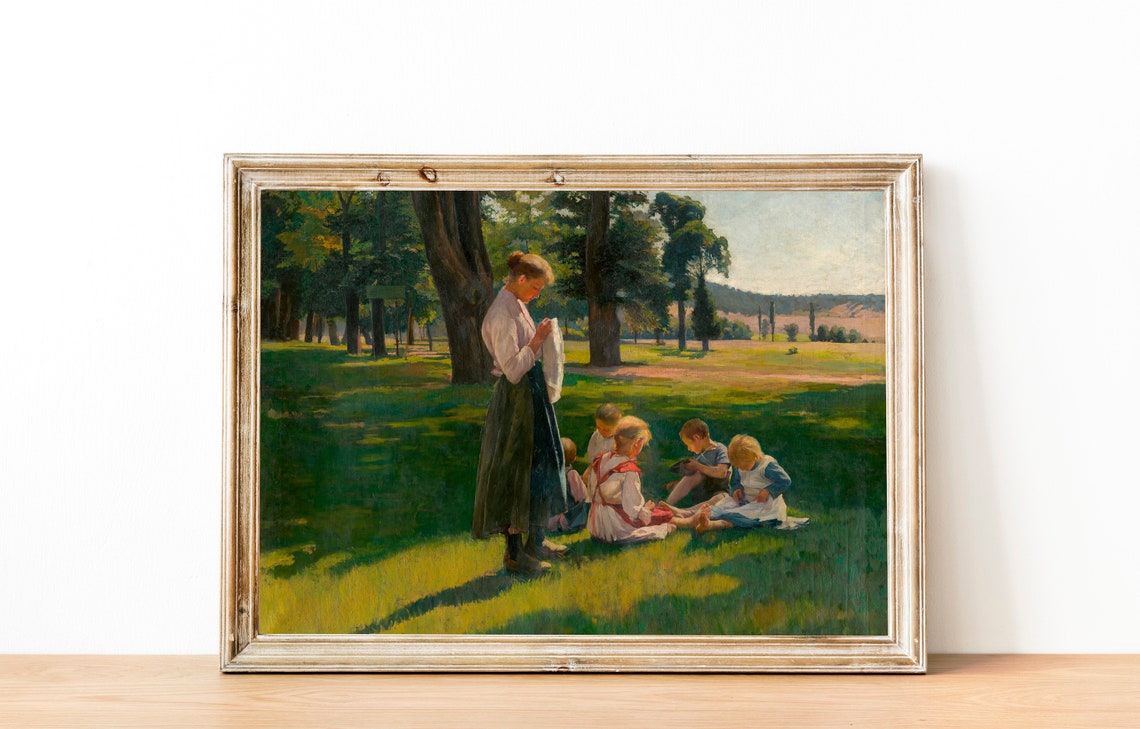 Vintage Country Painting With Children Farmhouse Wall Art Vintage Meadow Painting Cottage Landscape Nursery Decor Art - Image 3