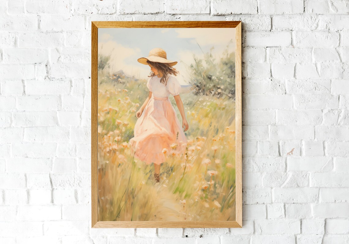 Little Girl in a Golden Wildflower Meadow Summer Sunhat Wall Art - Image 2
