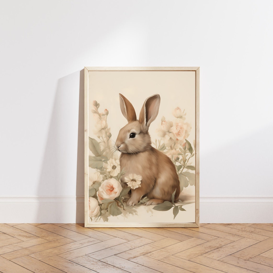 Tan Rabbit Portrait Among Roses Vintage Spring Nursery Wall Art - Image 5
