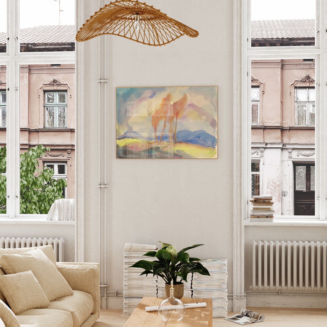 Golden Trees Watercolor Landscape Painting Minimalist Abstract Poster - Image 5