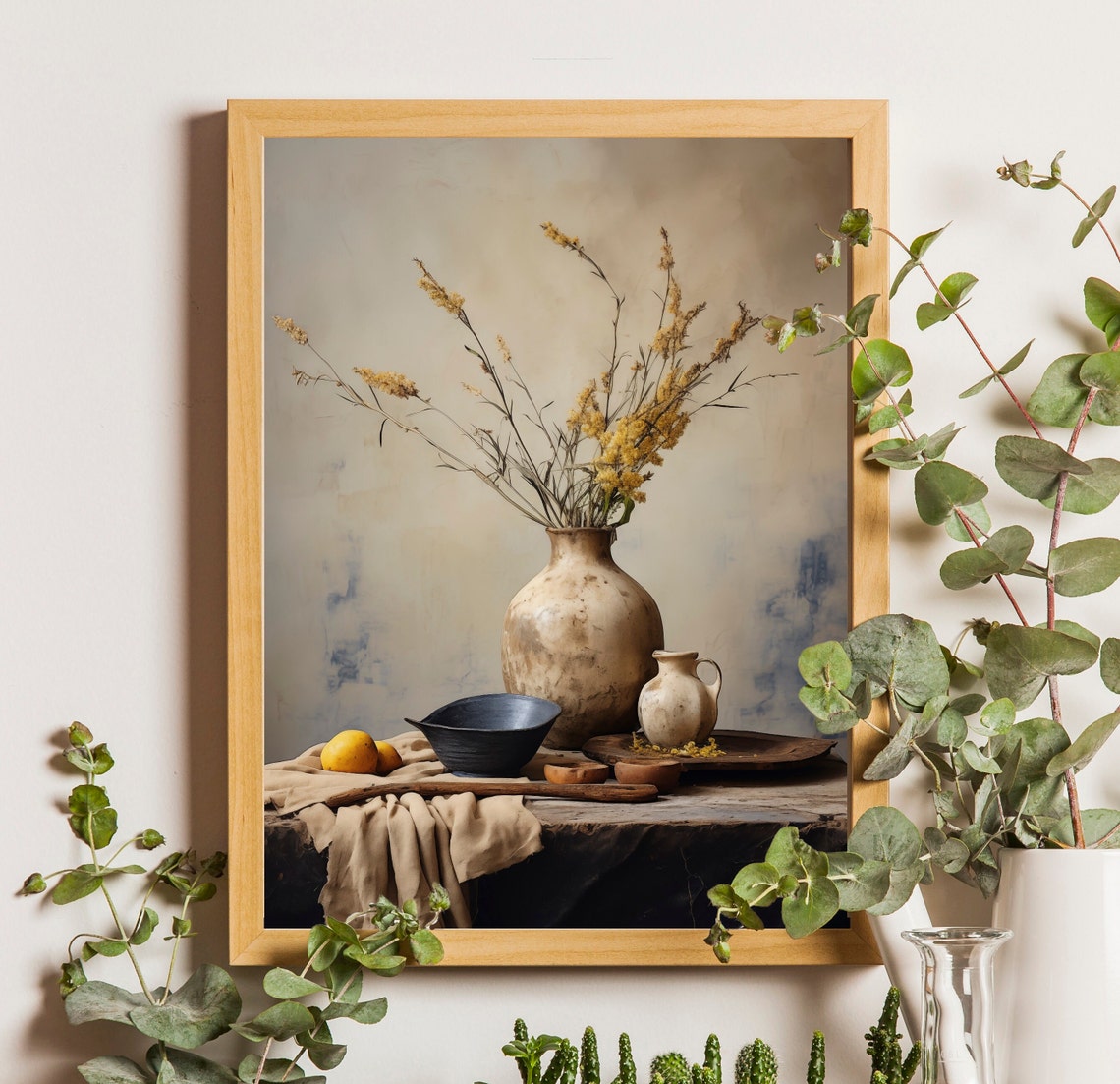 Dried Wildflowers in Rustic Stoneware Vase Farmhouse Wall Art
