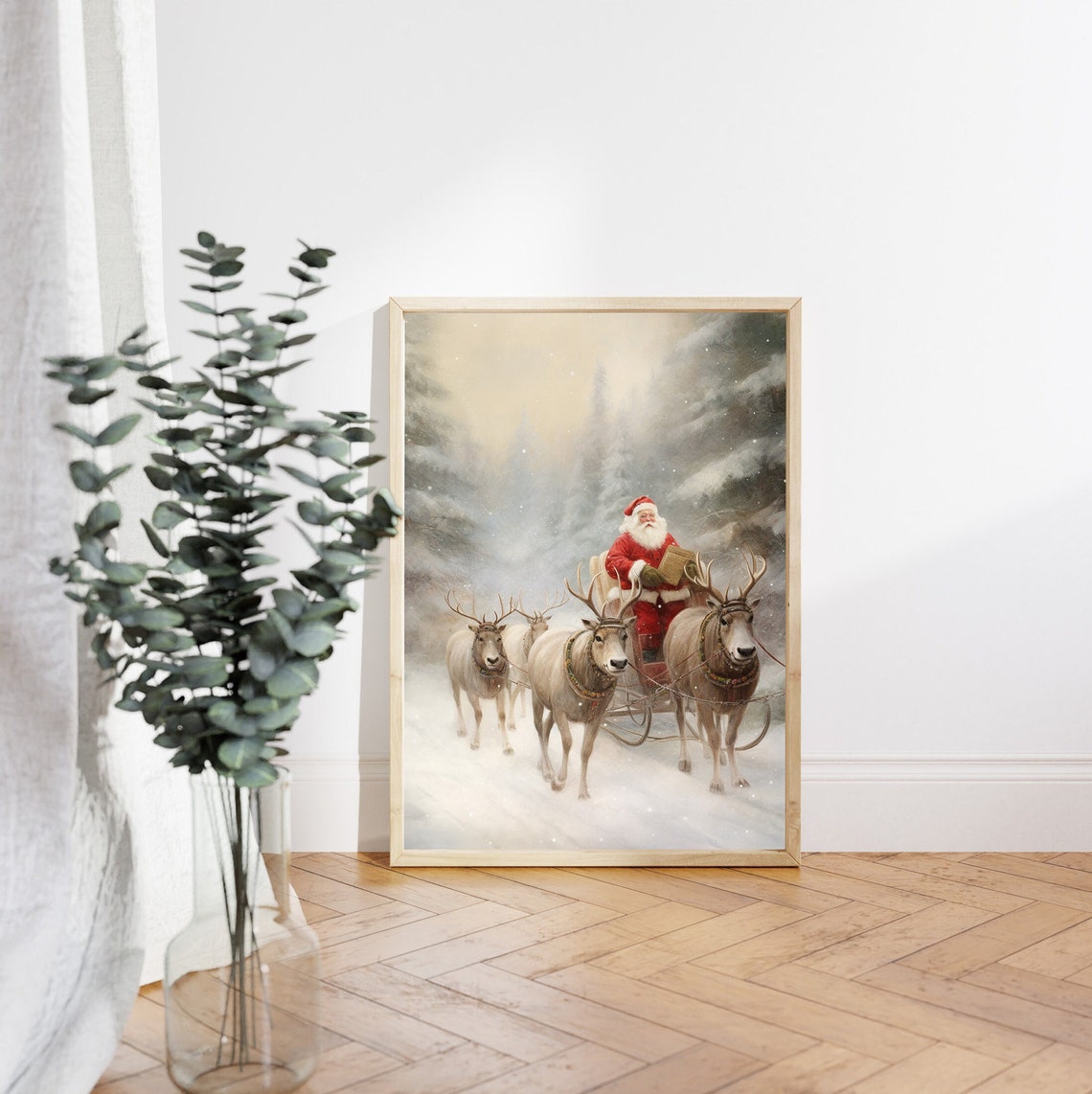 Santa Claus Reading Letter in Reindeer Sleigh Snowy Forest Poster - Image 4