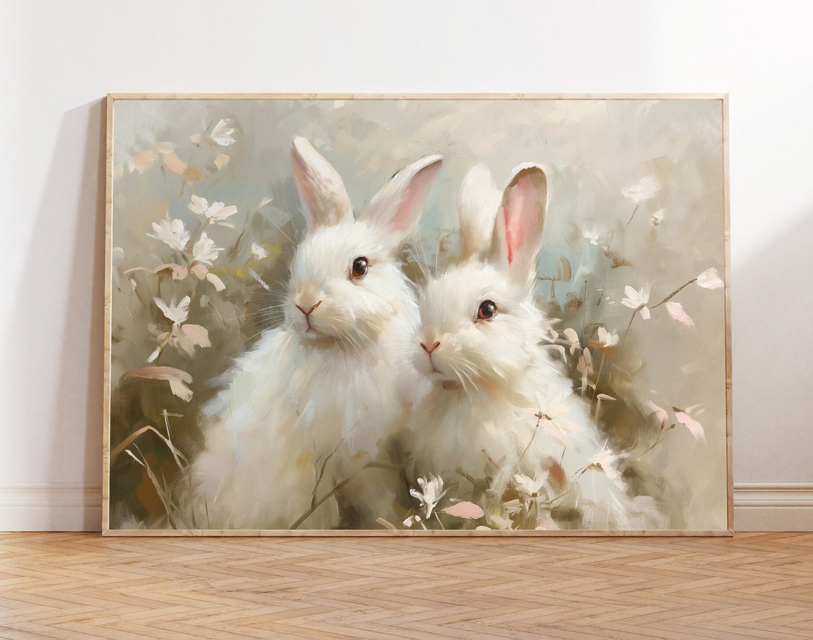 Two White Bunnies in Wildflowers Soft Spring Nursery Wall Art