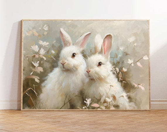 Easter Bunnies Wall Art Easter Decor Print Moody Rabbit Animal Painting Light Spring Decor Cottage Easter Decor Bunny Print