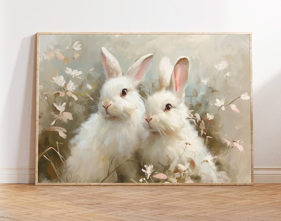 Two White Bunnies in Wildflowers Soft Spring Nursery Wall Art