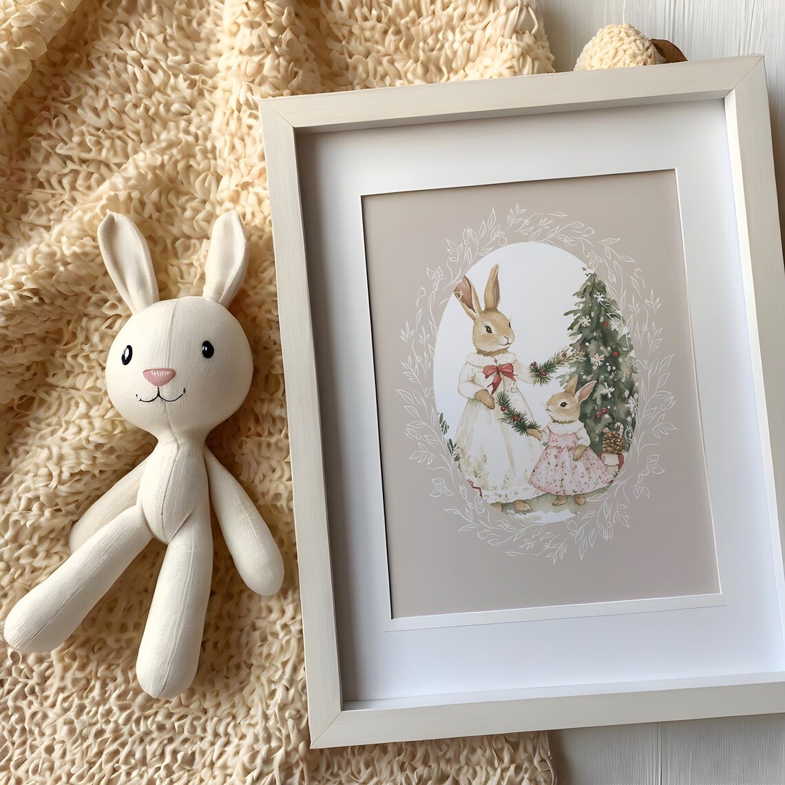 Christmas Bunny Mother And Baby, Vintage Nursery Art Print - Image 5