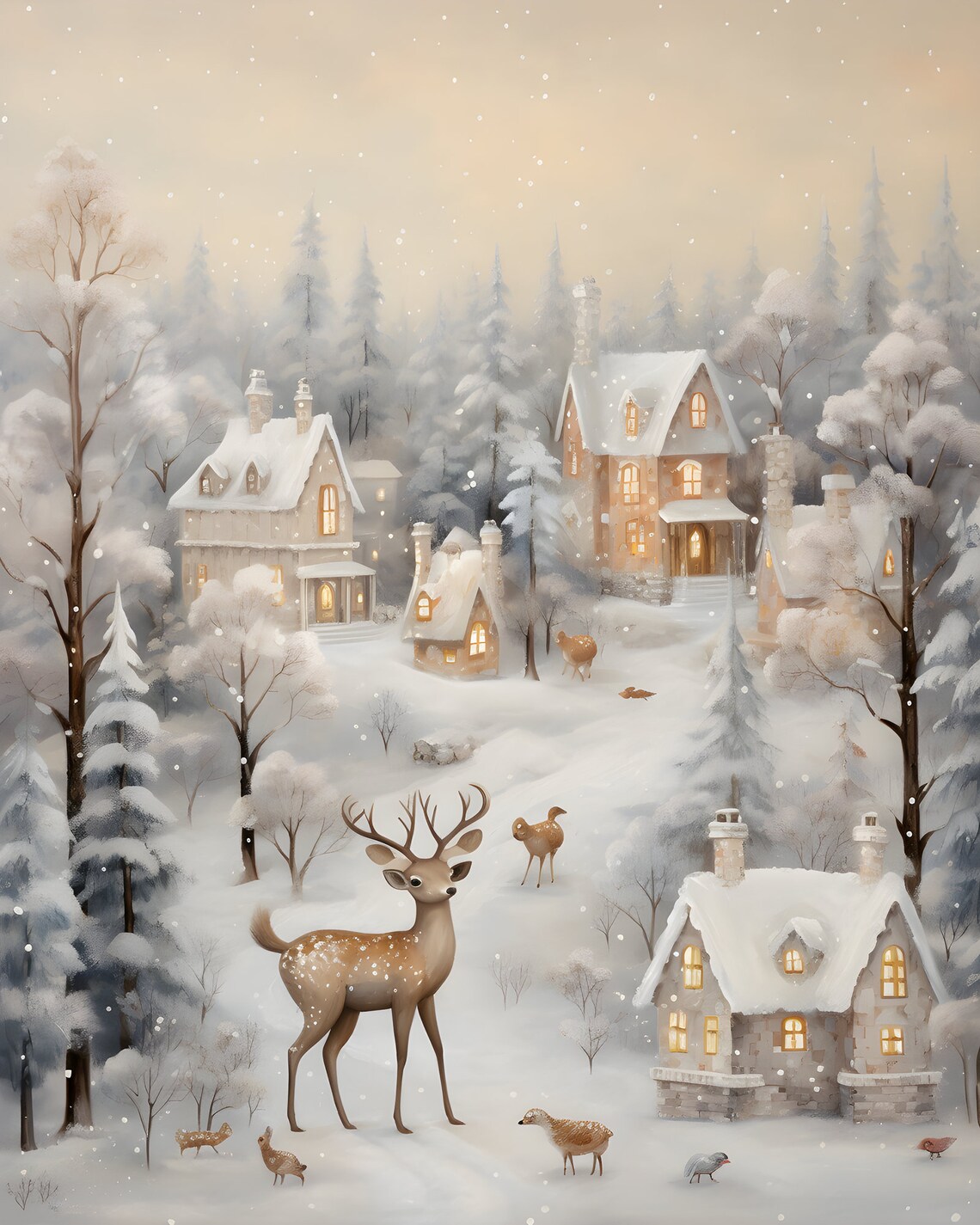 Deer and Fawns in Snowy Village at Dusk with Glowing Cottages Poster - Image 6