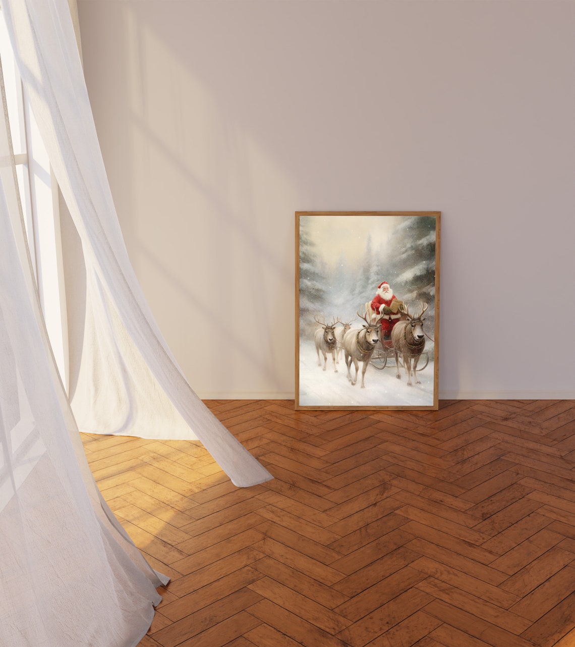 Santa Claus Reading Letter in Reindeer Sleigh Snowy Forest Poster - Image 3