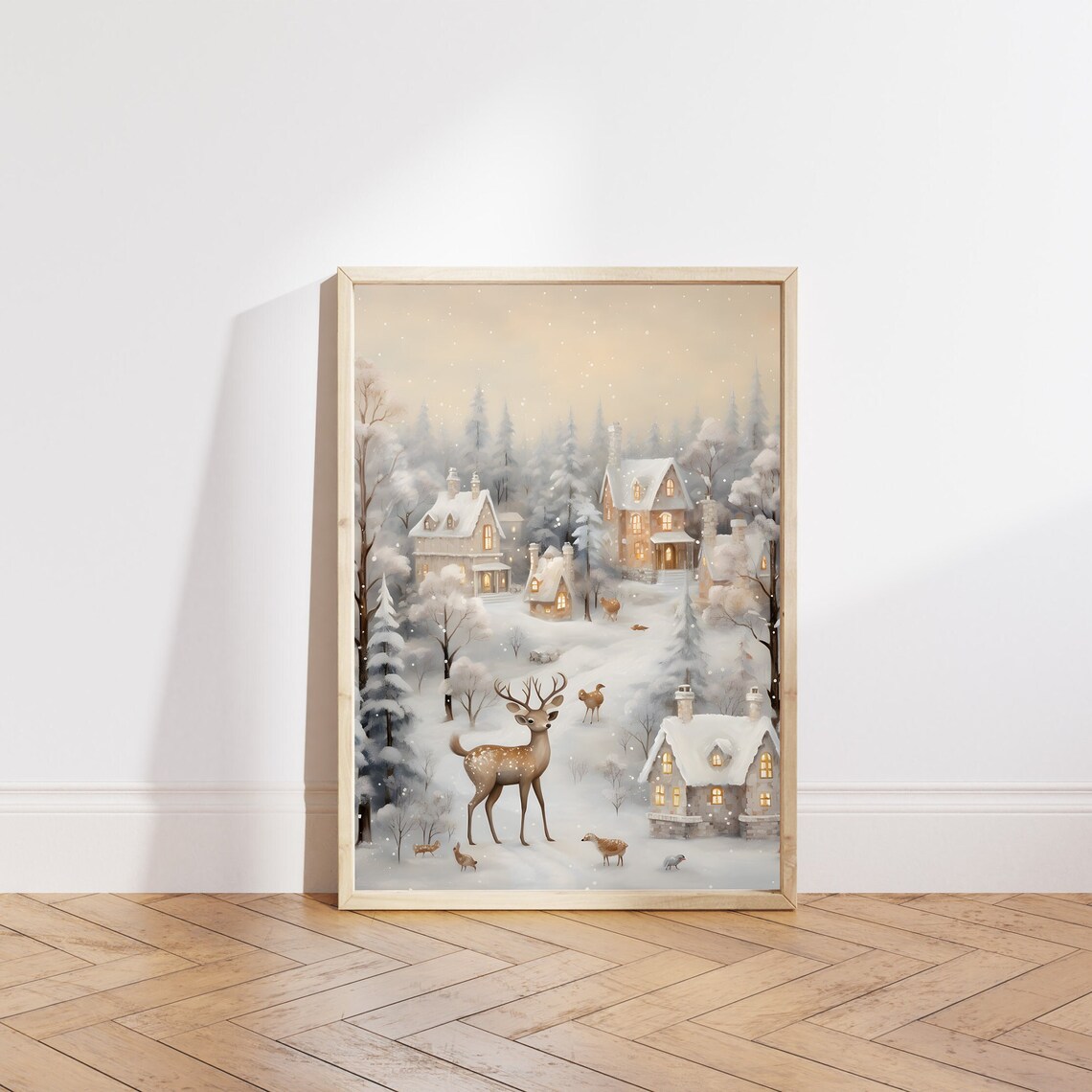 Deer and Fawns in Snowy Village at Dusk with Glowing Cottages Poster - Image 3
