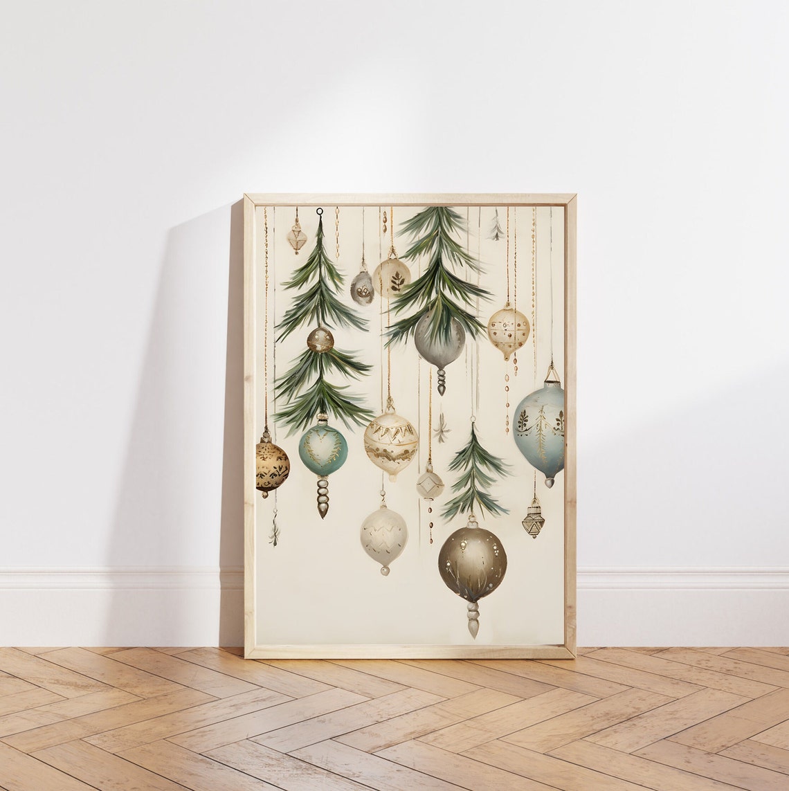 Hanging Vintage Christmas Ornaments with Pine Sprigs Cream Poster - Image 6