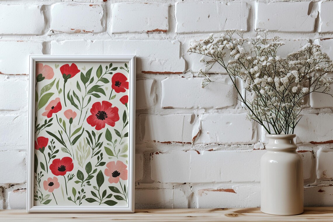 Red Poppy Meadow Botanical Illustration Floral Home Decor Poster - Image 5