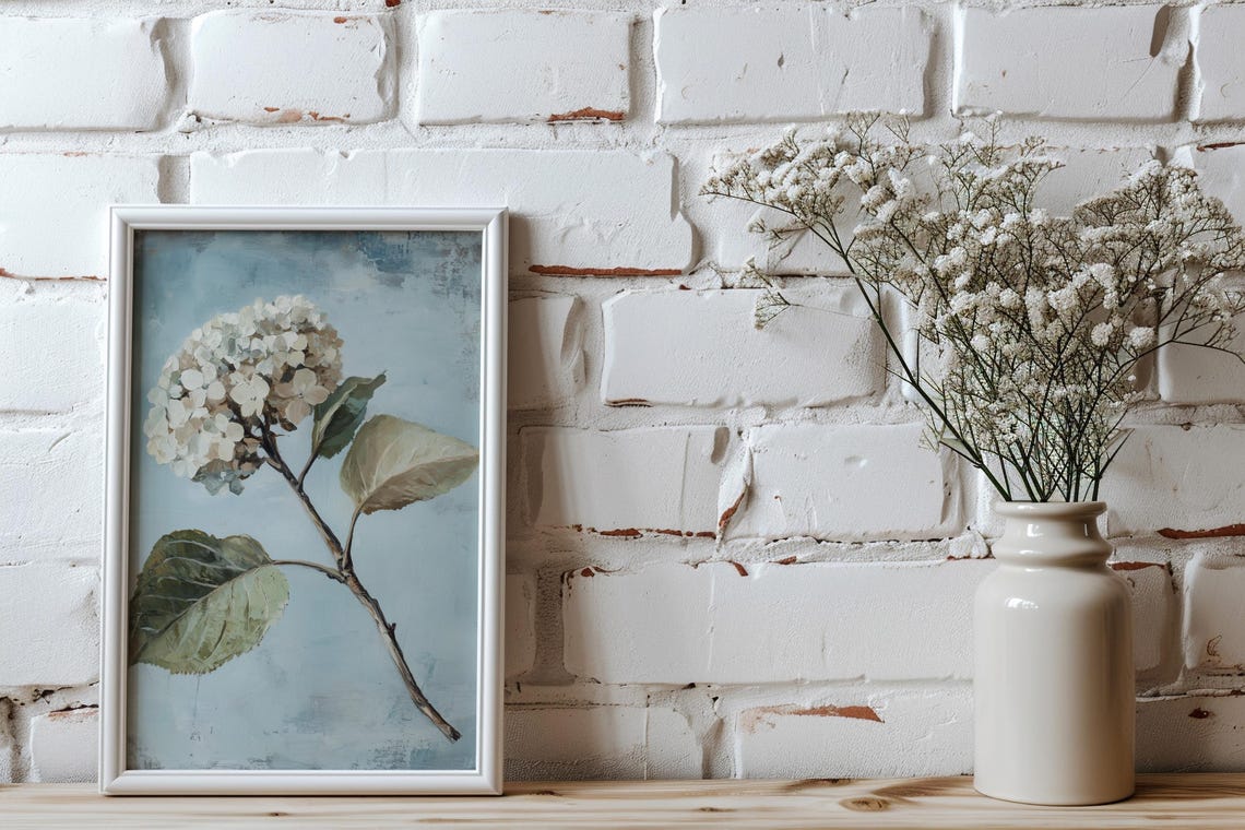 White Hydrangea Bloom Vintage Blue Gray Botanical Art Poster - Image 4