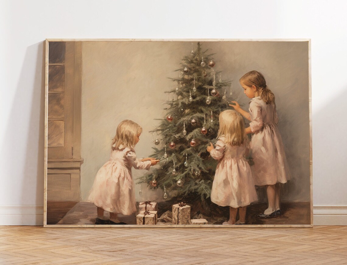Children and Christmas Tree Vintage Christmas Print