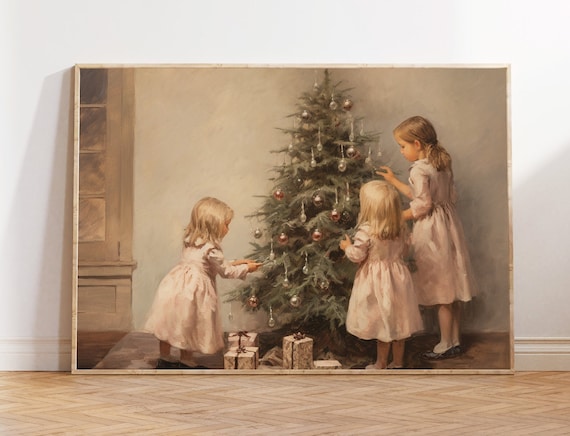 Children and Christmas Tree Vintage Christmas Print