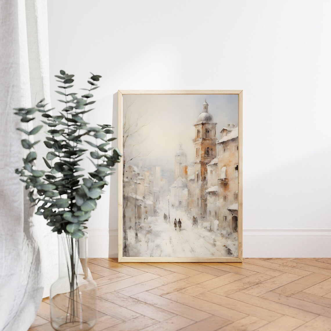 Snowy Old Town Street with Church Towers in Soft Winter Oil Poster - Image 3