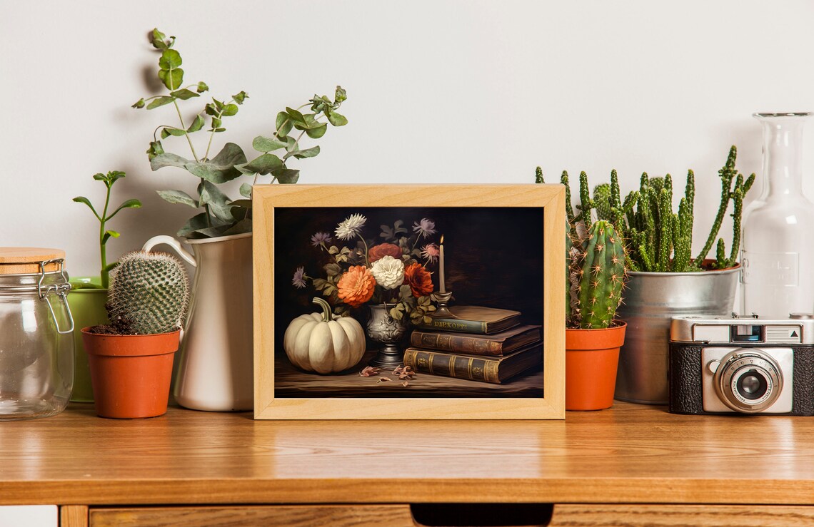 Autumn Still Life Painting Pumpkin Dahlias Candle Vintage Fall Poster - Image 2