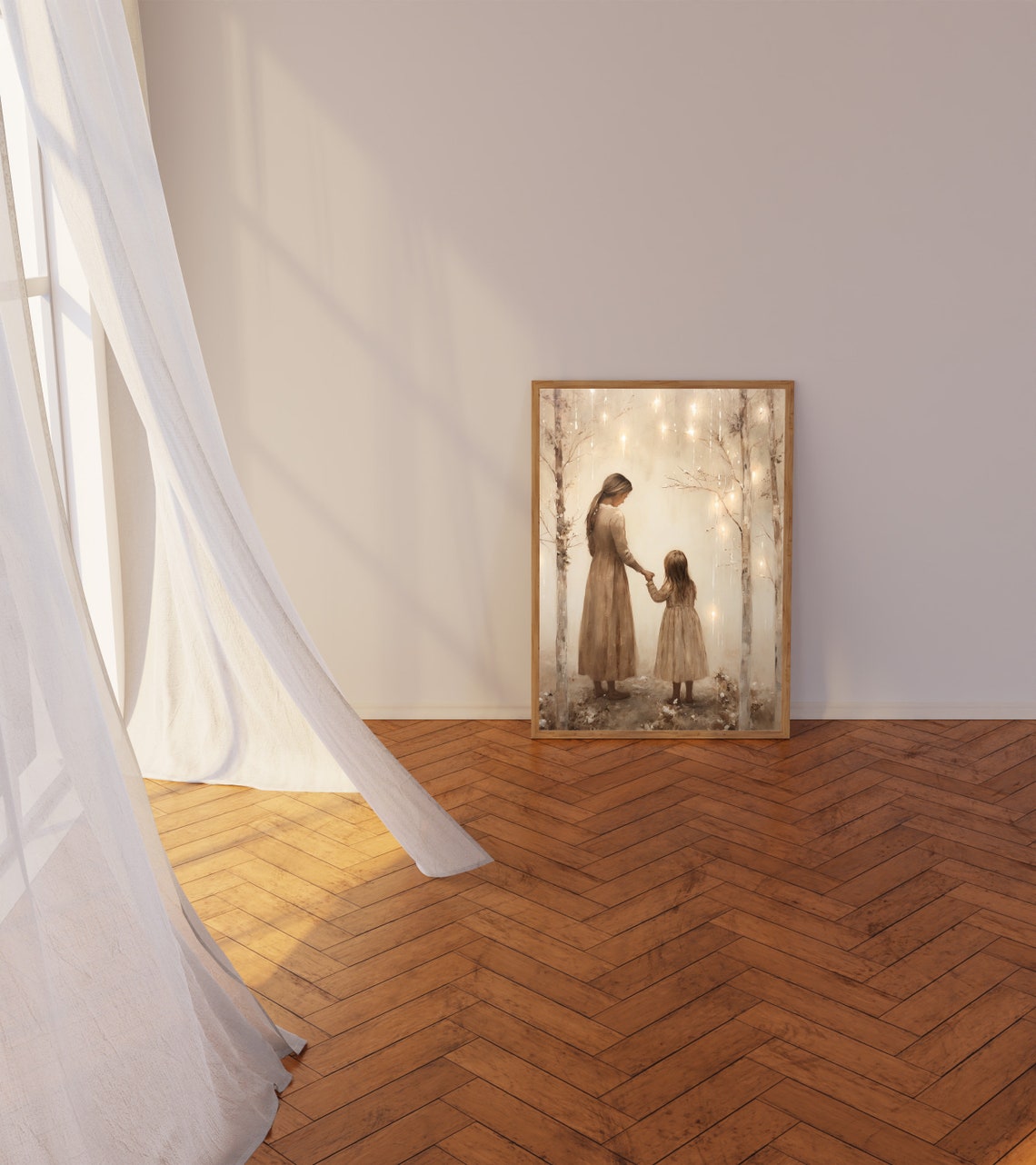 Vintage Style Mother Daughter Painting Mother And Daughter Art Girl Bedroom Wall Art Nostalgic Charm Moody Print Nursery Art - Image 3