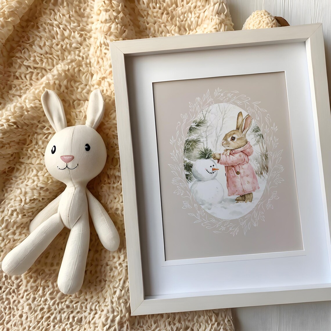 Bunny Placing a Pine Sprig on a Snowman in Snowy Woods Poster - Image 5