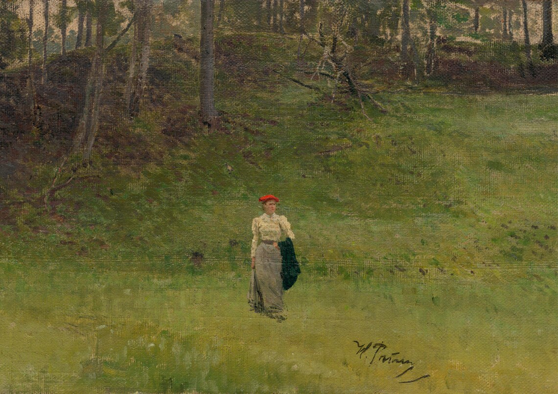 Lady in Meadow Painting Vintage Countryside Red Hat Woman Art Poster - Image 7